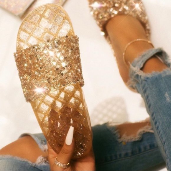 Shoes - !! RESTOCKED !! Embellished Sparkle Slides - Gold